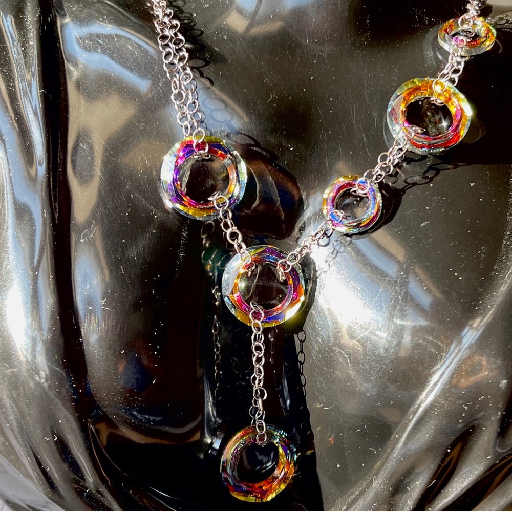 Rare Swarovski Volcano Ring Crystals Asymmetrical oxidized double sterling chain
